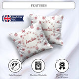 Custom Name Minimal Red Snowflake Watercolor Seamless Pattern on Square Filled Cushion Throw Pillow Sofa Bed Home Decor Zip Washable UK Made