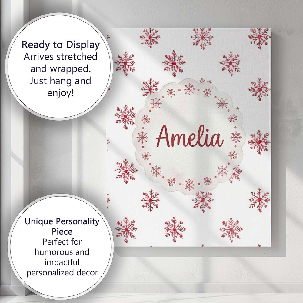 Personalised Name Minimal Red Snowflake Custom  Modern Room Accent Elegant Feature Canvas Wall Art Print Decor Picture Ready to Hang