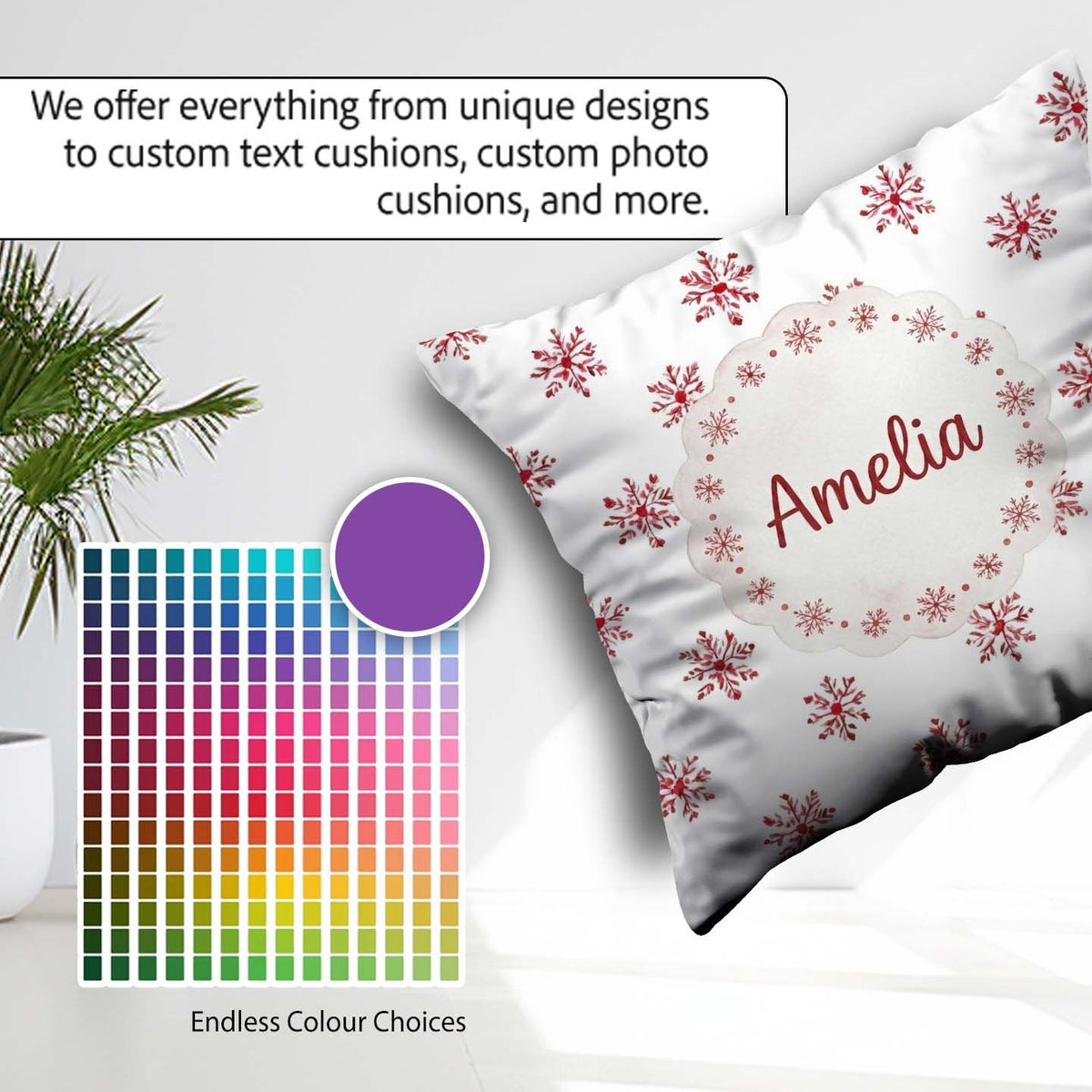 Custom Name Minimal Red Snowflake Watercolor Seamless Pattern on Square Filled Cushion Throw Pillow Sofa Bed Home Decor Zip Washable UK Made