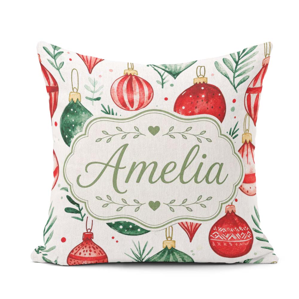 Custom Name Festive Christmas Baubles Foliage Watercolor Pattern Square Filled Cushion Throw Pillow Sofa Bed Home Decor Zip Washable UK Made