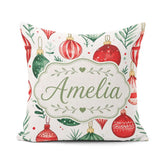 Custom Name Festive Christmas Baubles Foliage Watercolor Pattern Square Filled Cushion Throw Pillow Sofa Bed Home Decor Zip Washable UK Made