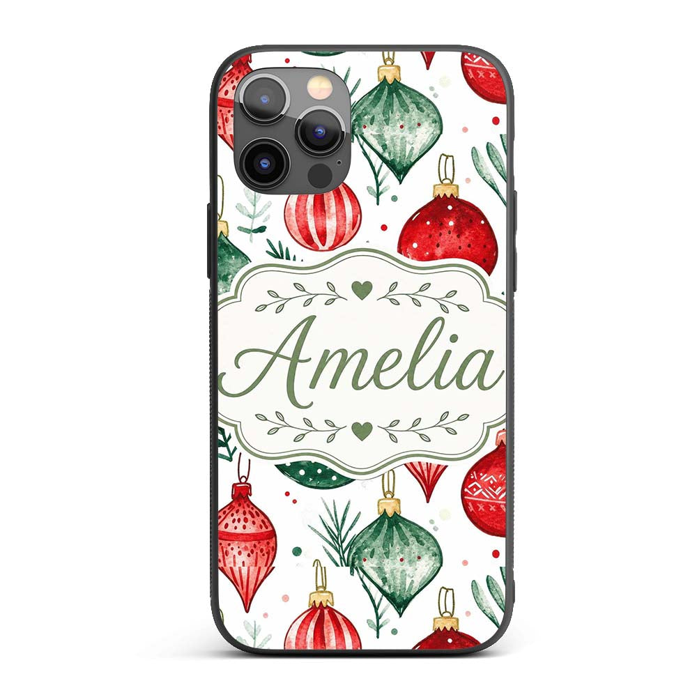 Festive Christmas Baubles and Foliage Watercolor Custom Name Protective Phone Case Mobile Cover Durable Everyday Smartphone Shock Resistant