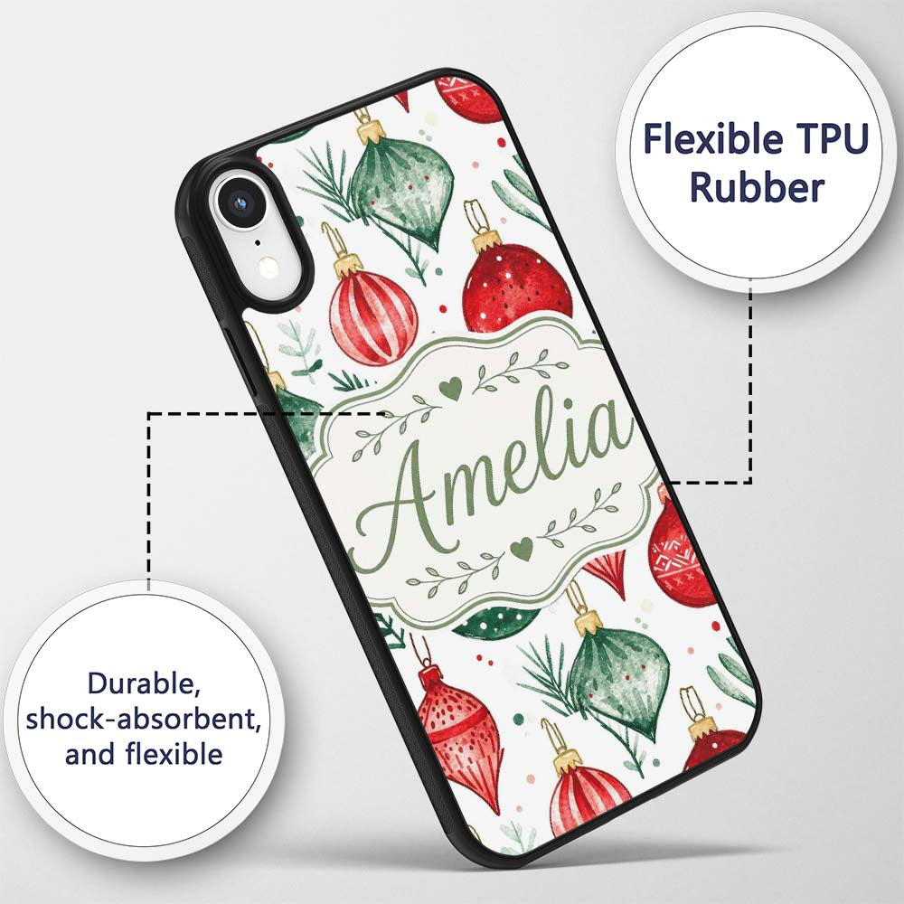 Festive Christmas Baubles and Foliage Watercolor Custom Name Protective Phone Case Mobile Cover Durable Everyday Smartphone Shock Resistant