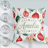 Custom Name Festive Christmas Baubles Foliage Watercolor Pattern Square Filled Cushion Throw Pillow Sofa Bed Home Decor Zip Washable UK Made