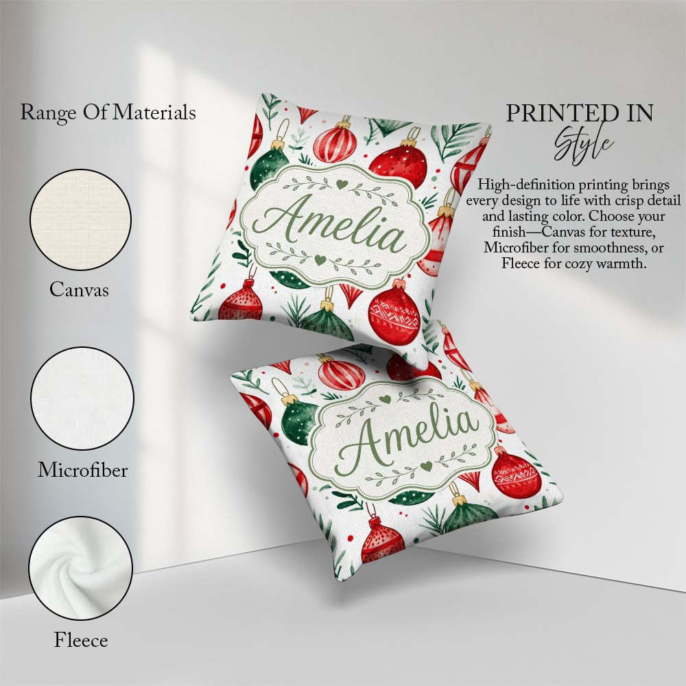 Custom Name Festive Christmas Baubles Foliage Watercolor Pattern Square Filled Cushion Throw Pillow Sofa Bed Home Decor Zip Washable UK Made