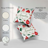 Custom Name Festive Christmas Baubles Foliage Watercolor Pattern Square Filled Cushion Throw Pillow Sofa Bed Home Decor Zip Washable UK Made