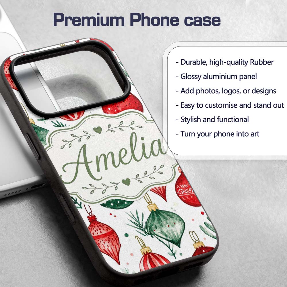 Festive Christmas Baubles and Foliage Watercolor Custom Name Protective Phone Case Mobile Cover Durable Everyday Smartphone Shock Resistant