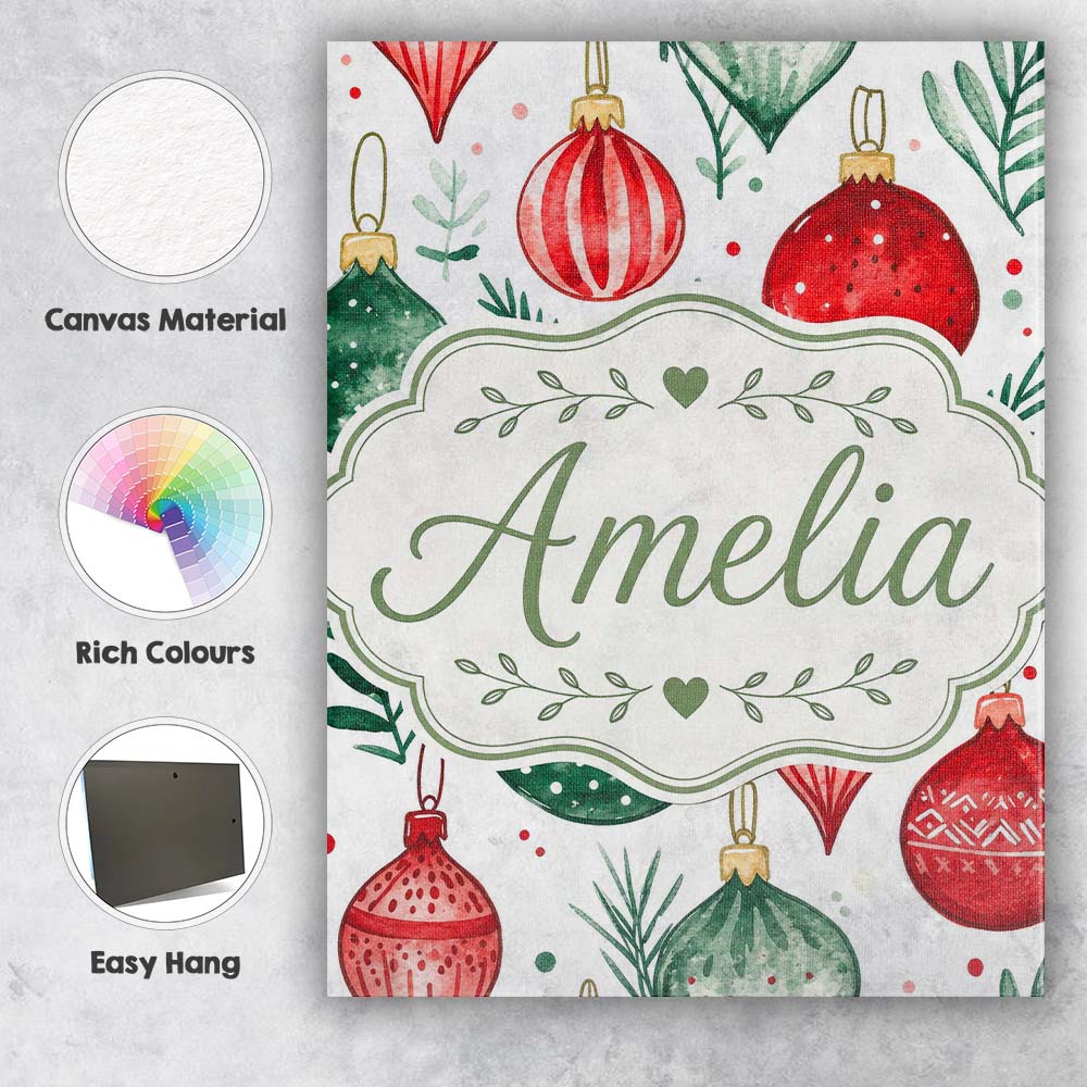 Personalised Name Festive Christmas Baubles Custom  Bespoke Interior Contemporary Canvas Wall Art Print Decor Picture Ready to Hang