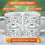 Personalized Custom Name Cute Small Butterfly Scattered Minimal Seamless Pattern Lovely 11oz Ceramic Coffee Tea Mug White Large Handle