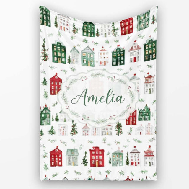 Watercolor Christmas Holly Berry Wreath Pattern Festive Winter  Personalised Custom Name Super Soft Fleece Blanket Bed Sofa Throw