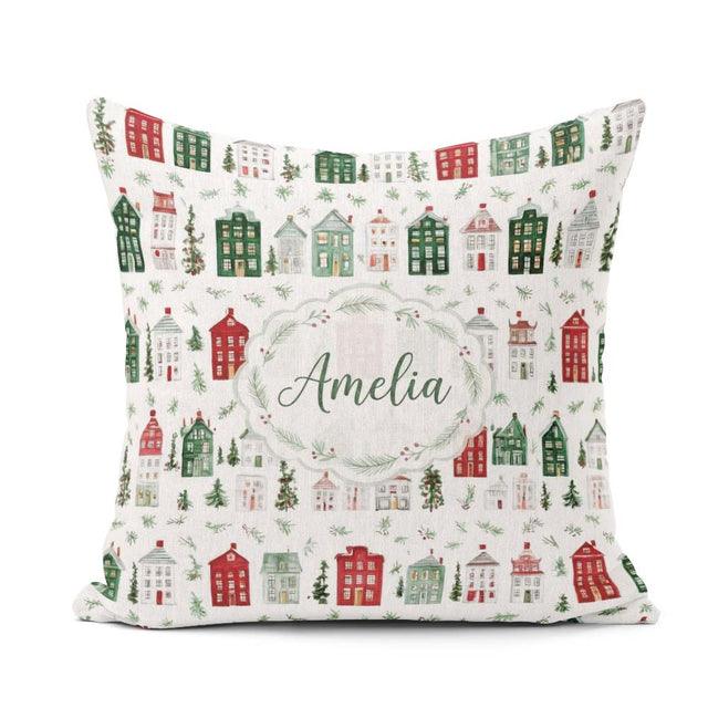 Custom Name Watercolor Holly Berry Wreath Pattern Festive Winter Square Filled Cushion Throw Pillow Sofa Bed Home Decor Zip Washable UK Made