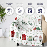 Watercolor Christmas Holly Berry Wreath Pattern Festive Winter  Personalised Custom Name Super Soft Fleece Blanket Bed Sofa Throw