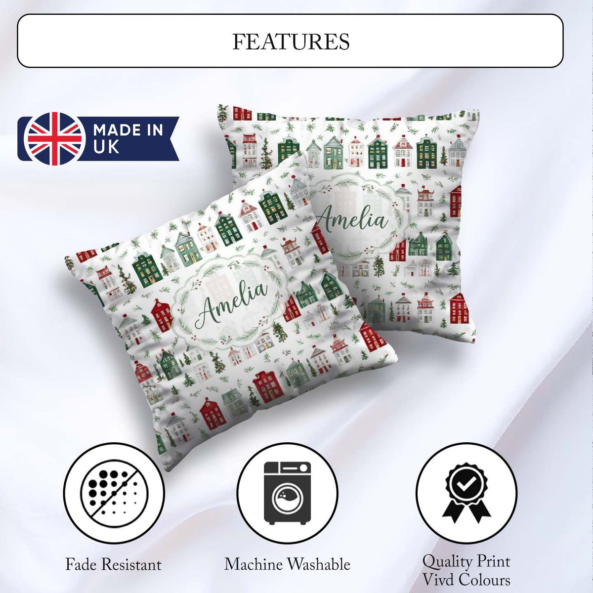 Custom Name Watercolor Holly Berry Wreath Pattern Festive Winter Square Filled Cushion Throw Pillow Sofa Bed Home Decor Zip Washable UK Made