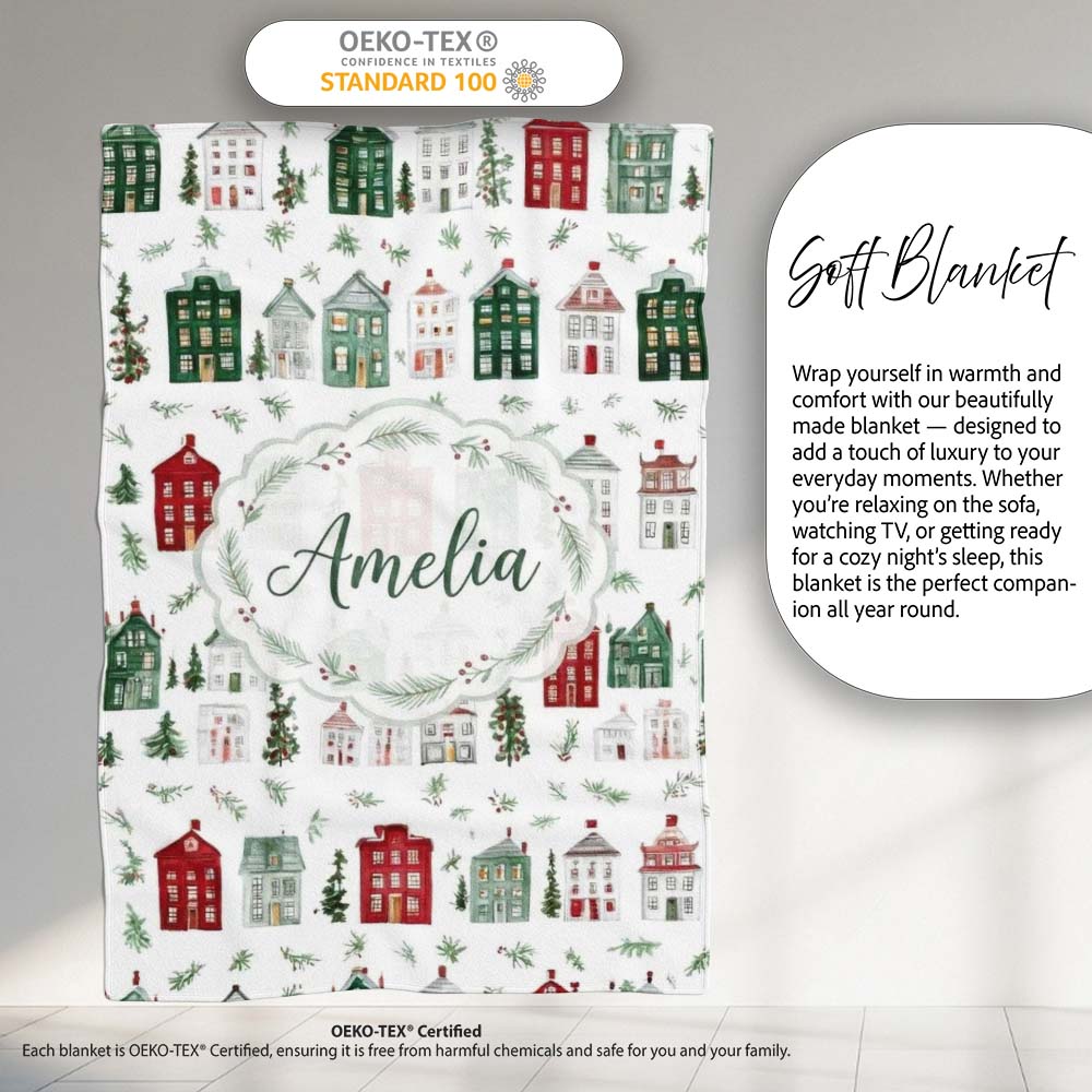 Watercolor Christmas Holly Berry Wreath Pattern Festive Winter  Personalised Custom Name Super Soft Fleece Blanket Bed Sofa Throw