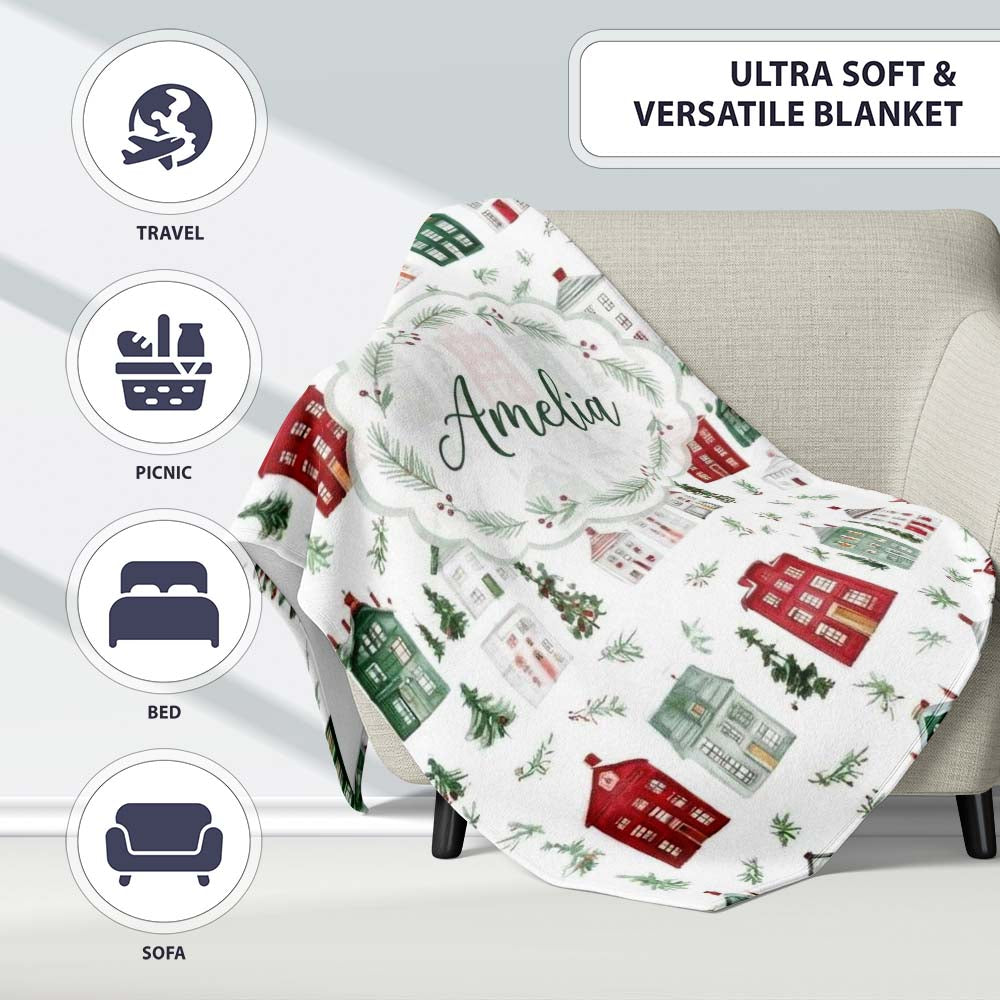 Watercolor Christmas Holly Berry Wreath Pattern Festive Winter  Personalised Custom Name Super Soft Fleece Blanket Bed Sofa Throw