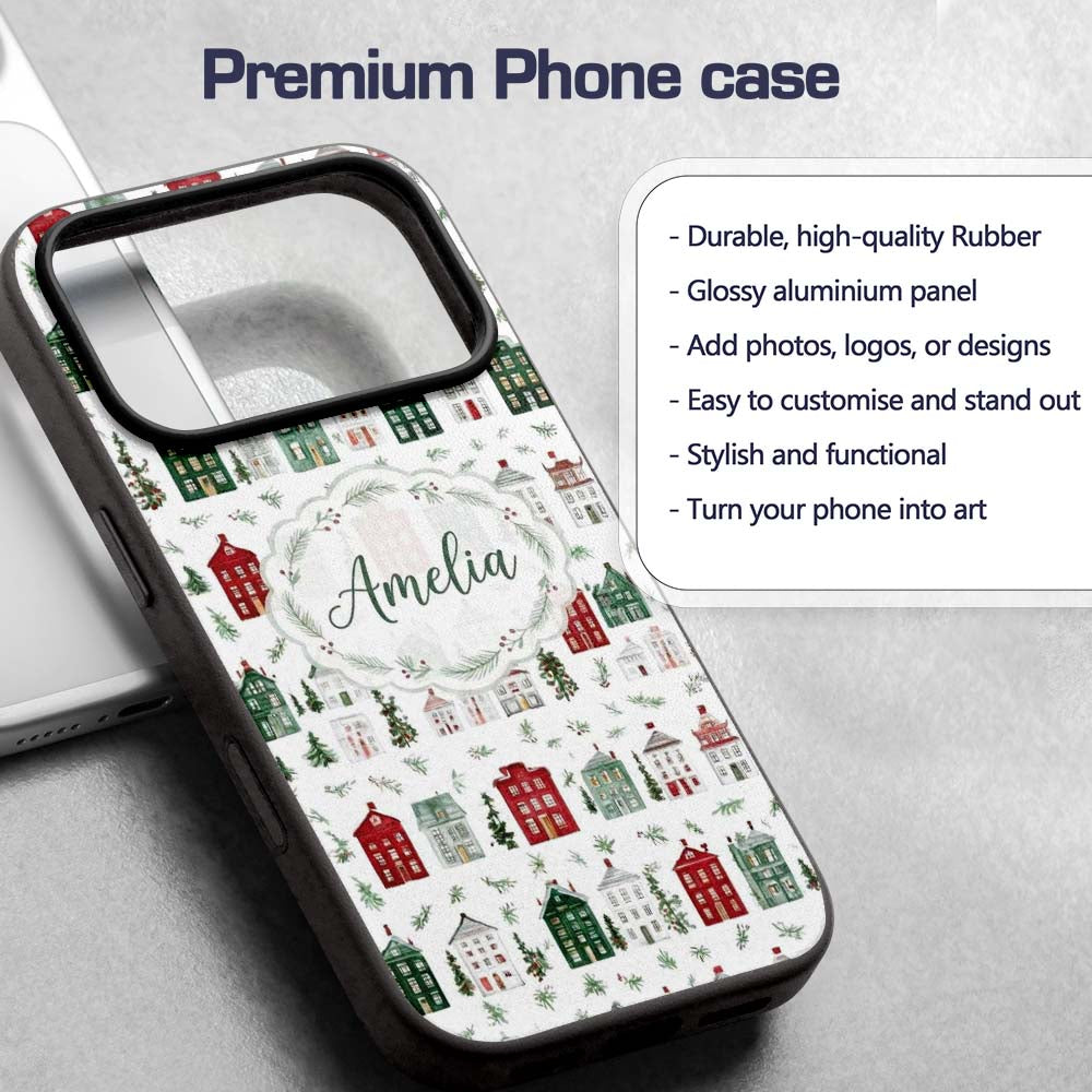 Watercolor Christmas Holly Berry Wreath Pattern Custom Name Protective Phone Case Mobile Cover Durable Everyday Smartphone Shock Resistant