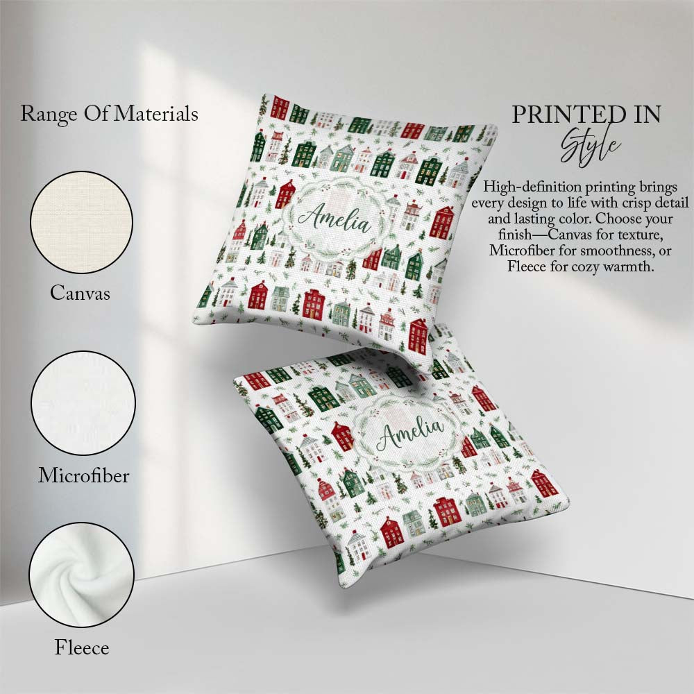 Custom Name Watercolor Holly Berry Wreath Pattern Festive Winter Square Filled Cushion Throw Pillow Sofa Bed Home Decor Zip Washable UK Made