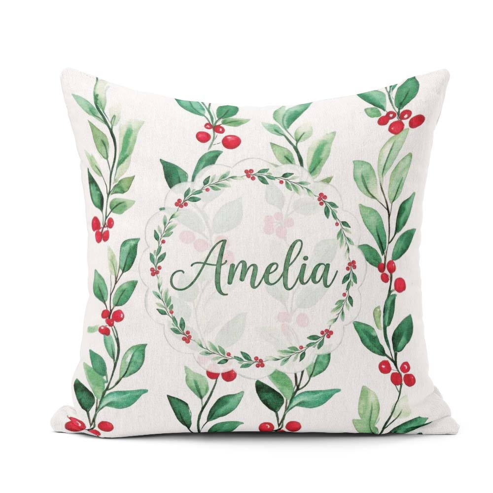 Custom Name Green Leaves and Red Berry Branches Pattern Elegant Square Filled Cushion Throw Pillow Sofa Bed Home Decor Zip Washable UK Made