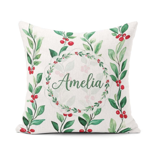 Custom Name Green Leaves and Red Berry Branches Pattern Elegant Square Filled Cushion Throw Pillow Sofa Bed Home Decor Zip Washable UK Made