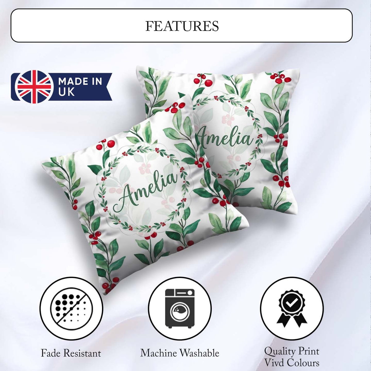 Custom Name Green Leaves and Red Berry Branches Pattern Elegant Square Filled Cushion Throw Pillow Sofa Bed Home Decor Zip Washable UK Made