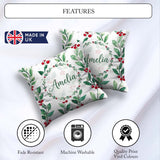 Custom Name Green Leaves and Red Berry Branches Pattern Elegant Square Filled Cushion Throw Pillow Sofa Bed Home Decor Zip Washable UK Made