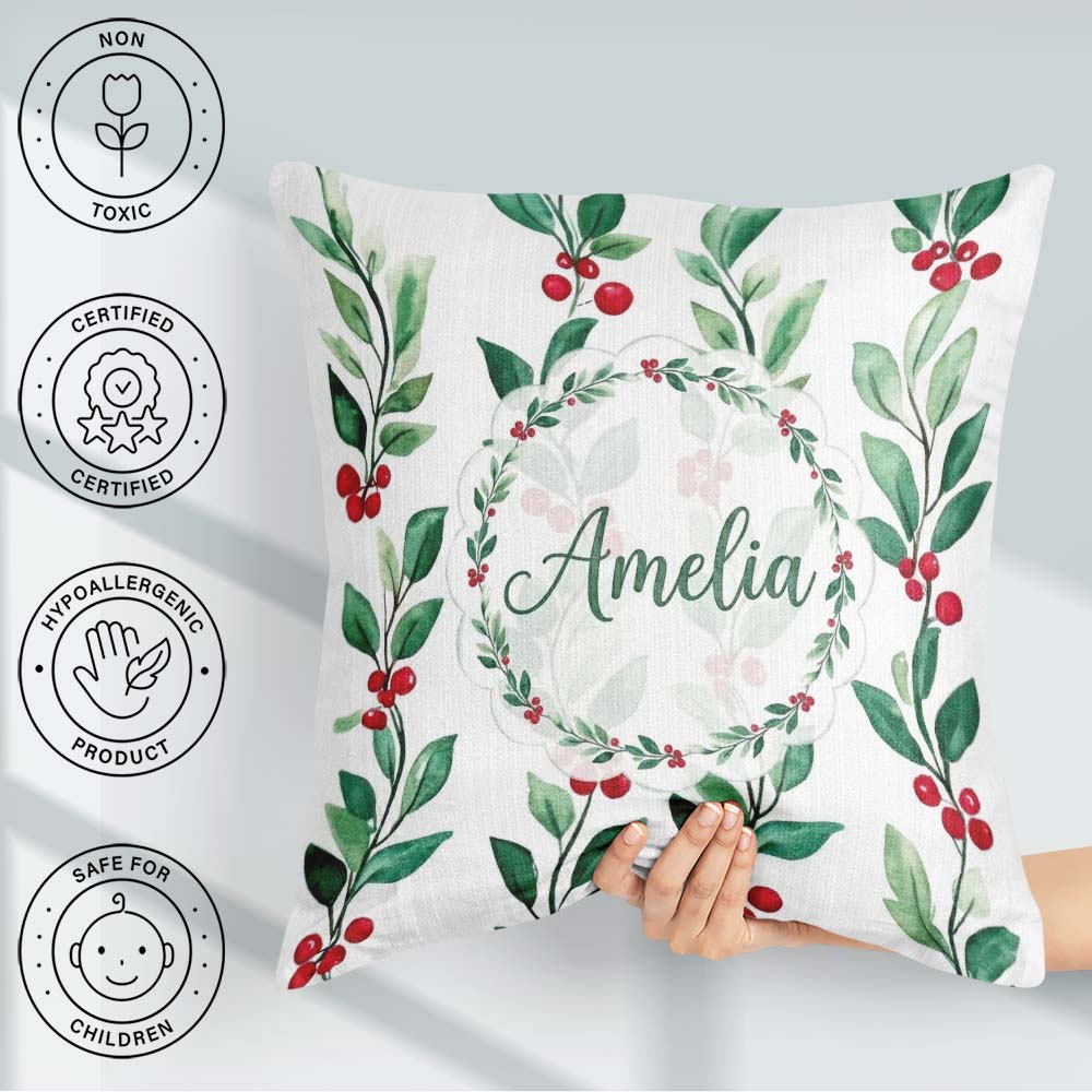 Custom Name Green Leaves and Red Berry Branches Pattern Elegant Square Filled Cushion Throw Pillow Sofa Bed Home Decor Zip Washable UK Made