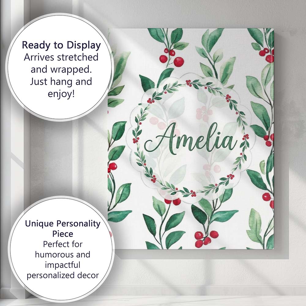 Personalised Name Watercolor Green Leaves Custom  Unique Gift Idea Elegant Feature Canvas Wall Art Print Decor Picture Ready to Hang
