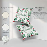 Custom Name Green Leaves and Red Berry Branches Pattern Elegant Square Filled Cushion Throw Pillow Sofa Bed Home Decor Zip Washable UK Made