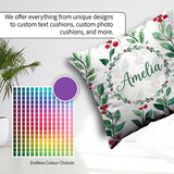 Custom Name Green Leaves and Red Berry Branches Pattern Elegant Square Filled Cushion Throw Pillow Sofa Bed Home Decor Zip Washable UK Made