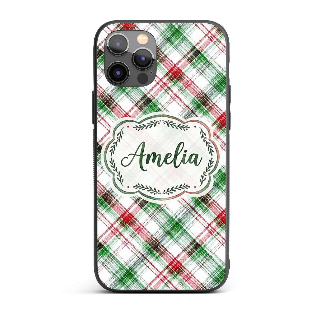 Classic Red Green Watercolor Plaid Tartan Pattern Custom Name Protective Phone Case Mobile Cover Durable Everyday Smartphone Shock Resistant