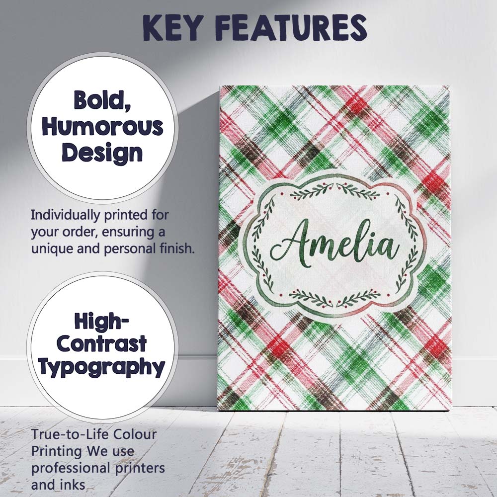 Personalised Name Classic Red Green Watercolor Plaid Tartan Unique Gift Idea Custom Made Canvas Wall Art Print Decor Picture Ready to Hang