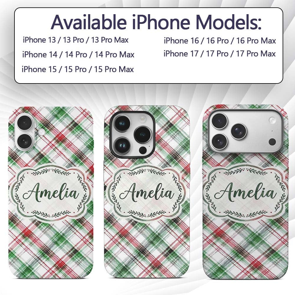 Classic Red Green Watercolor Plaid Tartan Pattern Custom Name Protective Phone Case Mobile Cover Durable Everyday Smartphone Shock Resistant