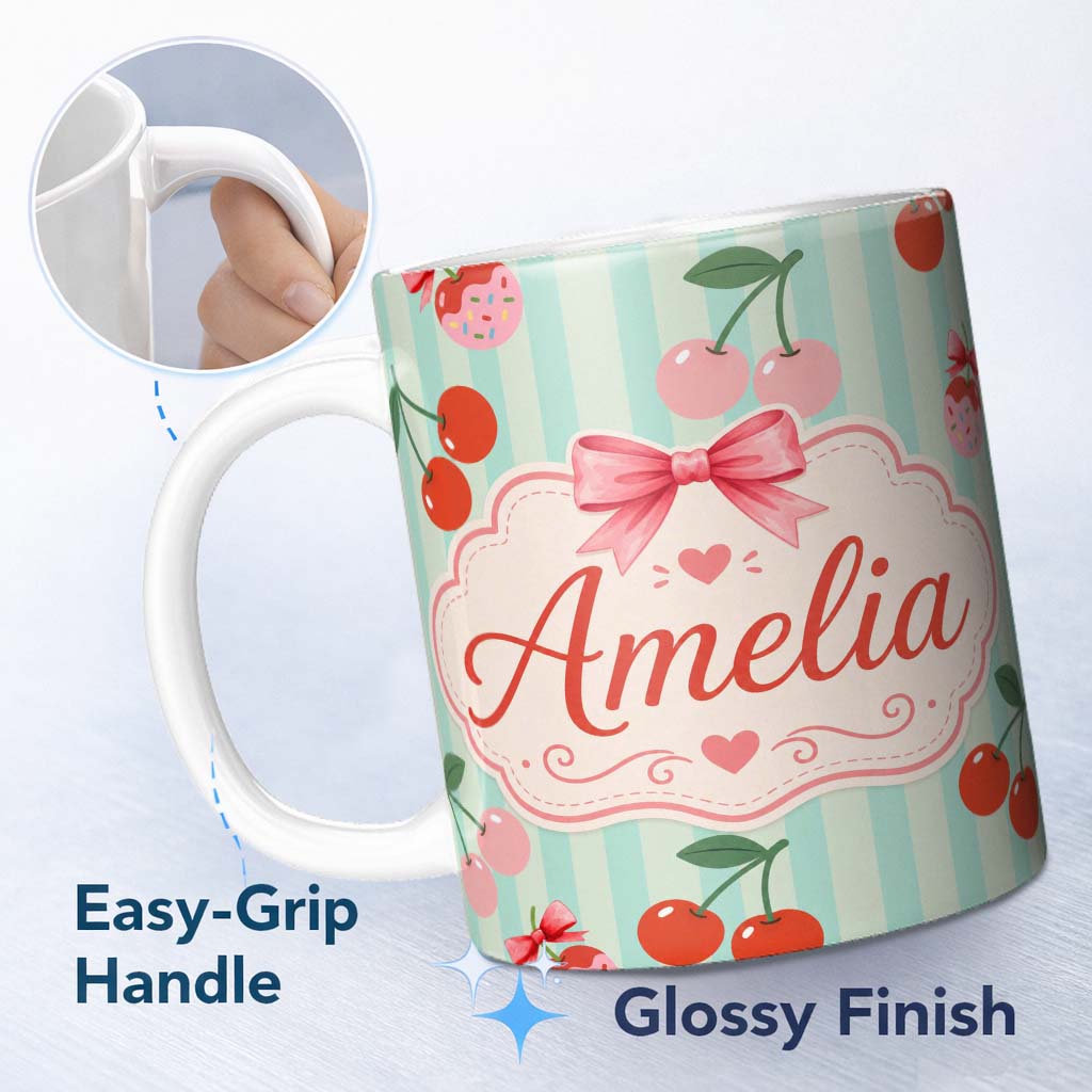 Personalized Custom Name Cute Cherry Fruit with Bow and Sprinkles Pattern Mint Stripe Lovely 11oz Ceramic Coffee Tea Mug White Large Handle