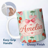 Personalized Custom Name Cute Cherry Fruit with Bow and Sprinkles Pattern Mint Stripe Lovely 11oz Ceramic Coffee Tea Mug White Large Handle