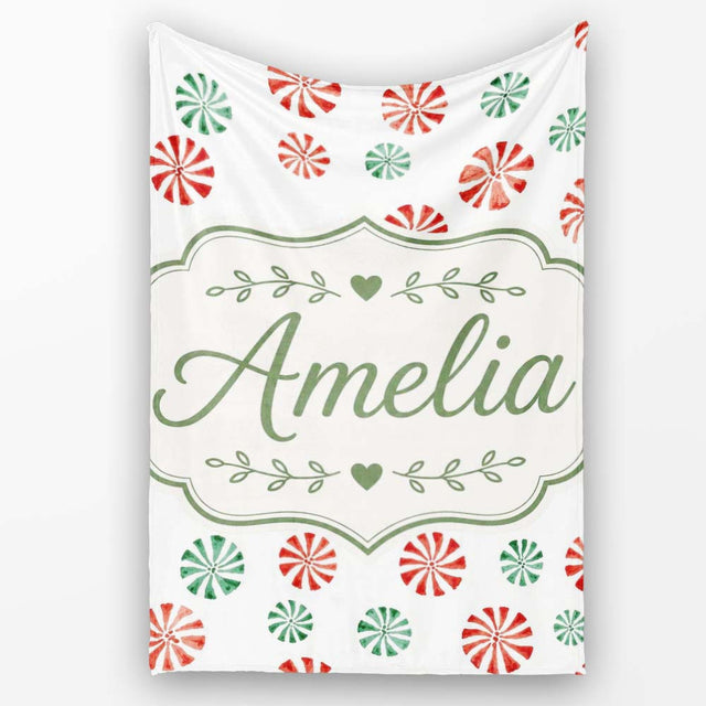 Festive Candy Swirl Red and Green Peppermint Seamless Pattern Lovely  Personalised Custom Name Super Soft Fleece Blanket Bed Sofa Throw