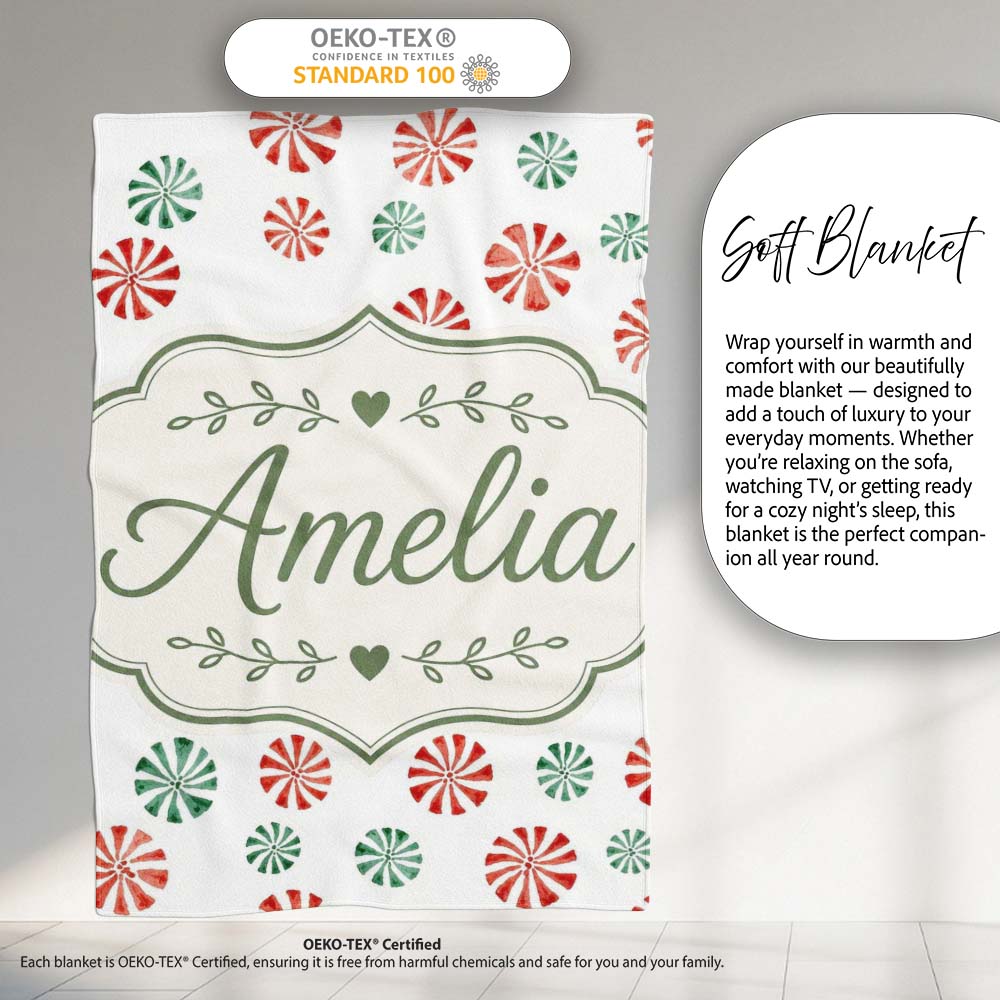 Festive Candy Swirl Red and Green Peppermint Seamless Pattern Lovely  Personalised Custom Name Super Soft Fleece Blanket Bed Sofa Throw