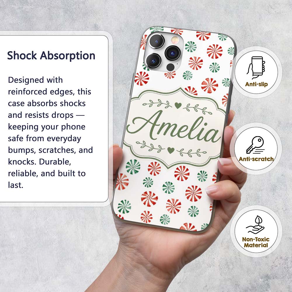 Festive Candy Swirl Red and Green Peppermint Custom Name Protective Phone Case Mobile Cover Durable Everyday Smartphone Shock Resistant