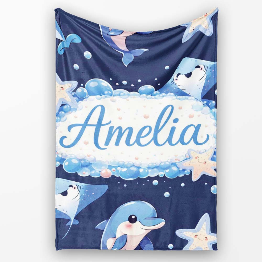 Cute Dolphin Stingray Starfish Cartoon Sea Life Pattern Navy Lovely  Personalised Custom Name Super Soft Fleece Blanket Bed Sofa Throw