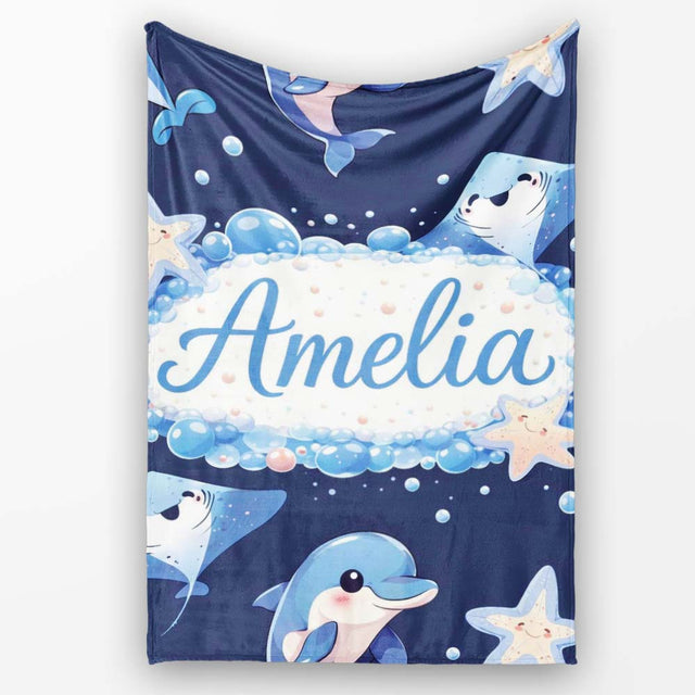 Cute Dolphin Stingray Starfish Cartoon Sea Life Pattern Navy Lovely  Personalised Custom Name Super Soft Fleece Blanket Bed Sofa Throw