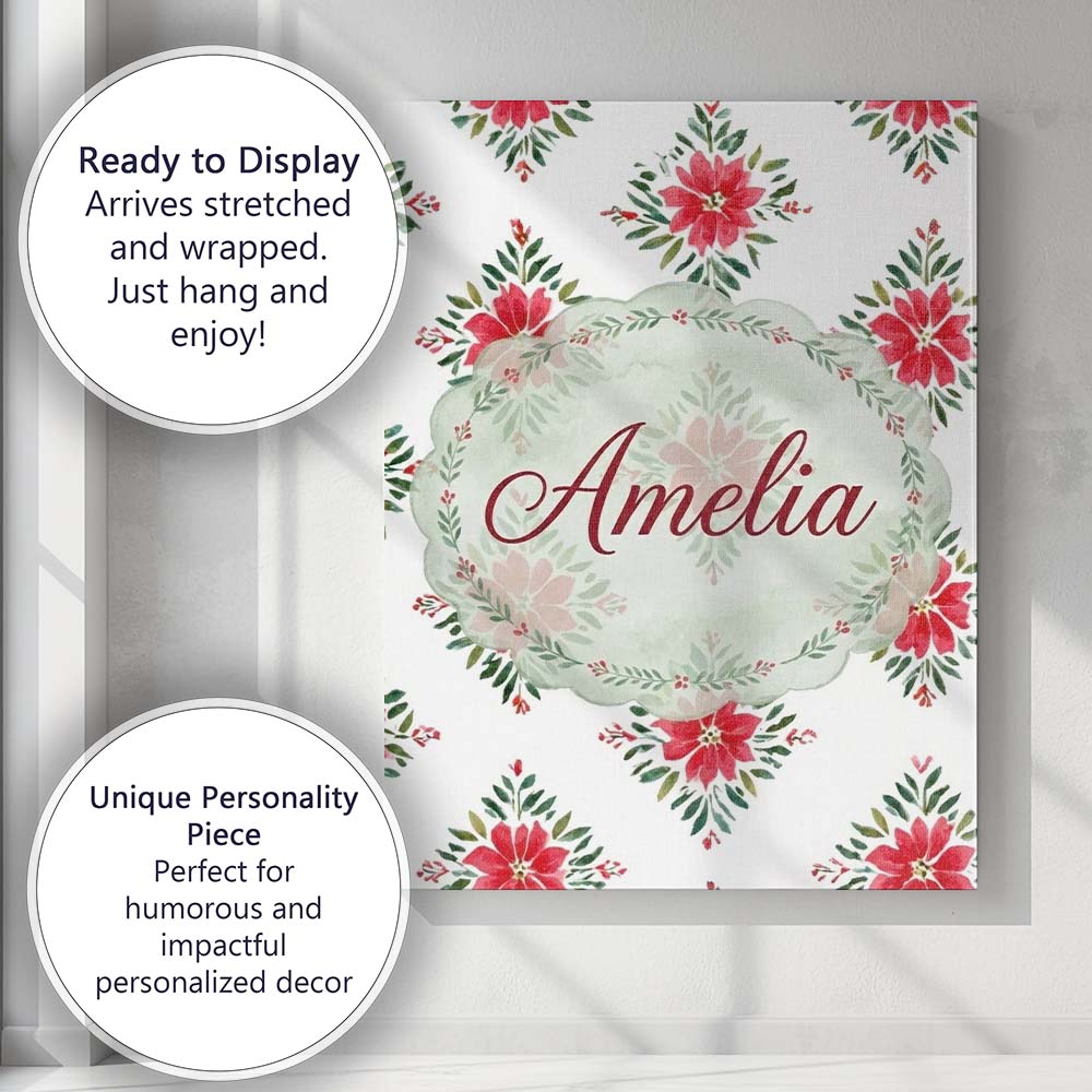 Personalised Name Watercolor Poinsettia Custom  Modern Room Accent Elegant Feature Canvas Wall Art Print Decor Picture Ready to Hang