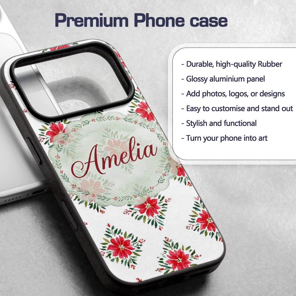 Watercolor Poinsettia Floral Christmas Seamless Custom Name Protective Phone Case Mobile Cover Durable Everyday Smartphone Shock Resistant