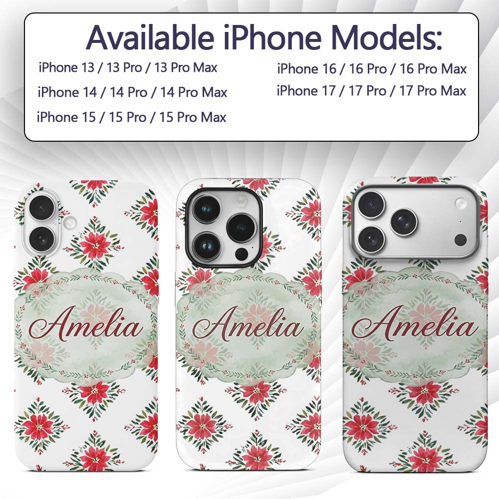 Watercolor Poinsettia Floral Christmas Seamless Custom Name Protective Phone Case Mobile Cover Durable Everyday Smartphone Shock Resistant