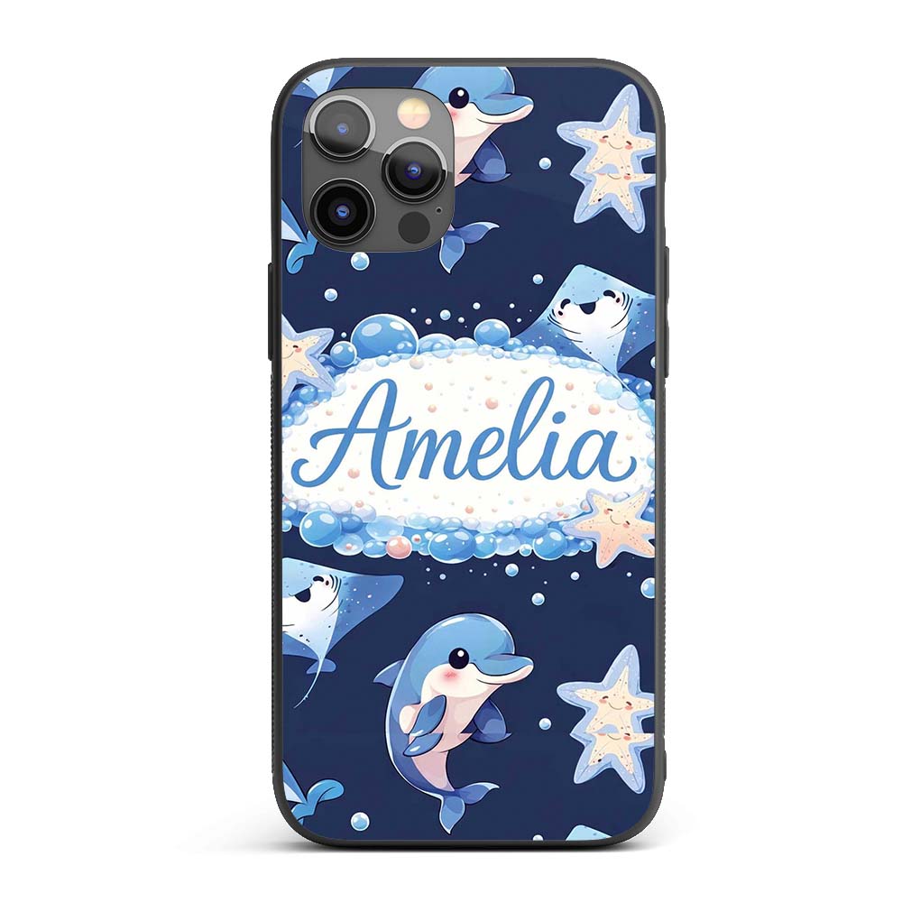 Cute Dolphin Stingray Starfish Cartoon Sea Life Custom Name Protective Phone Case Mobile Cover Durable Everyday Smartphone Shock Resistant
