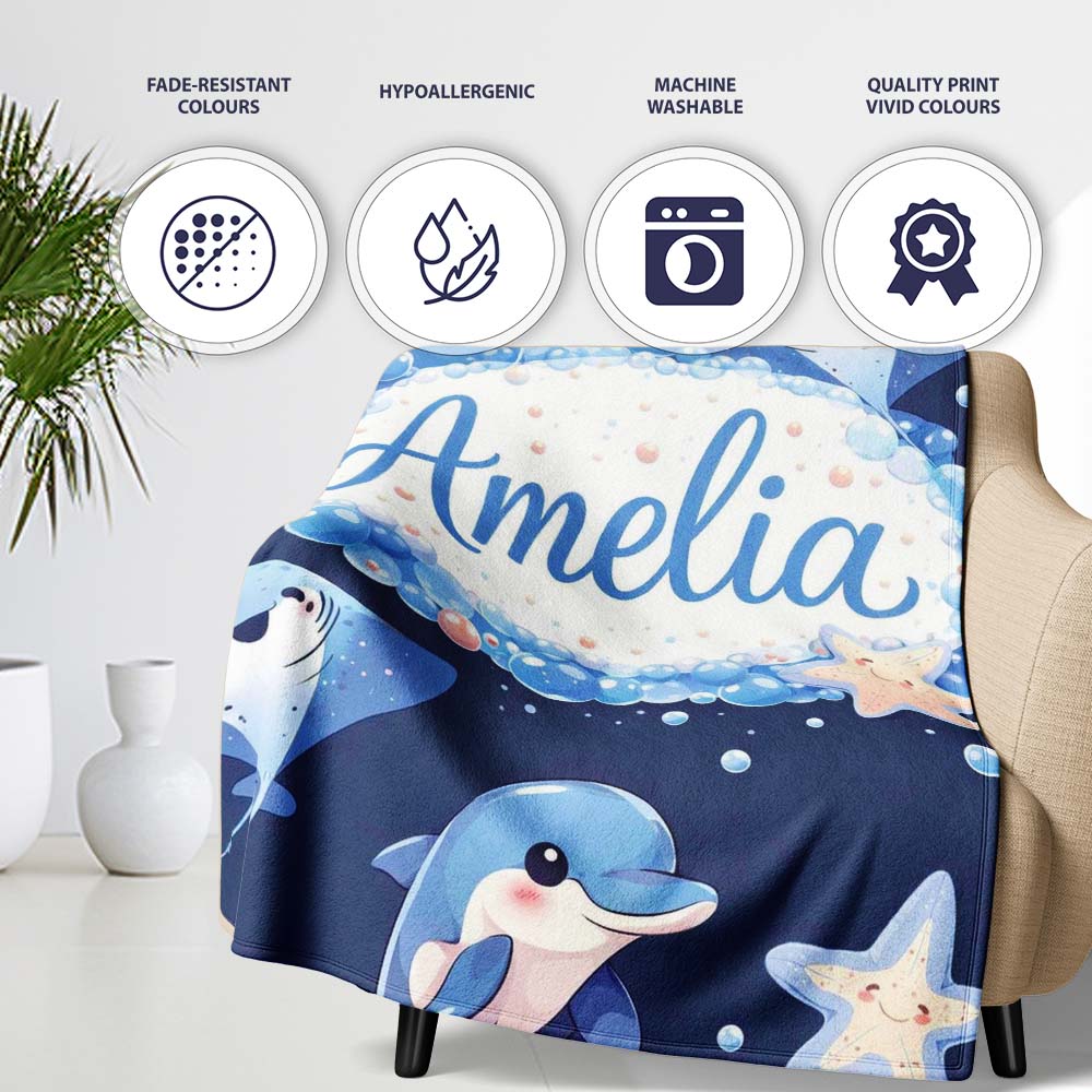 Cute Dolphin Stingray Starfish Cartoon Sea Life Pattern Navy Lovely  Personalised Custom Name Super Soft Fleece Blanket Bed Sofa Throw