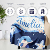 Cute Dolphin Stingray Starfish Cartoon Sea Life Pattern Navy Lovely  Personalised Custom Name Super Soft Fleece Blanket Bed Sofa Throw