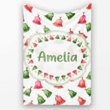 Cute Red and Green Christmas Bells Watercolor Pattern Festive Lovely  Personalised Custom Name Super Soft Fleece Blanket Bed Sofa Throw