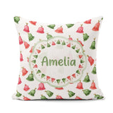 Custom Name Cute Red and Green Bells Watercolor Pattern Festive Square Filled Cushion Throw Pillow Sofa Bed Home Decor Zip Washable UK Made