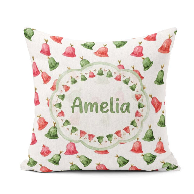 Custom Name Cute Red and Green Bells Watercolor Pattern Festive Square Filled Cushion Throw Pillow Sofa Bed Home Decor Zip Washable UK Made