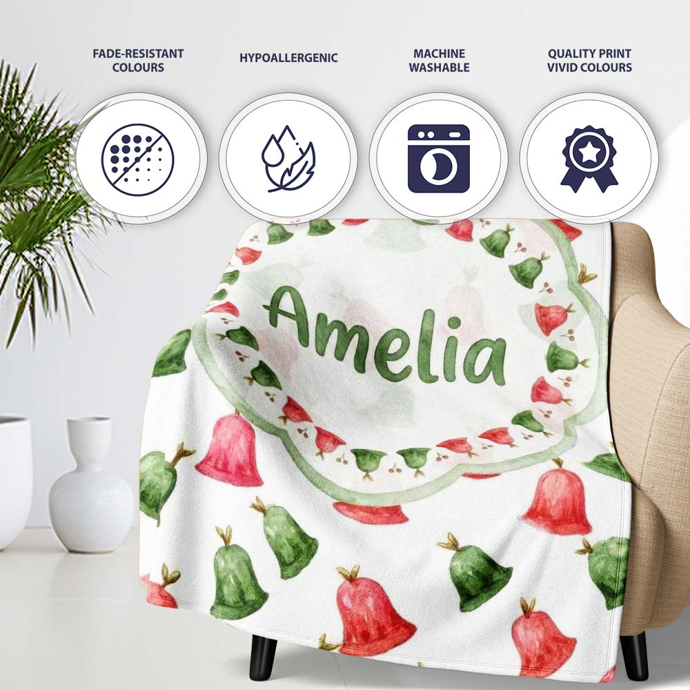 Cute Red and Green Christmas Bells Watercolor Pattern Festive Lovely  Personalised Custom Name Super Soft Fleece Blanket Bed Sofa Throw