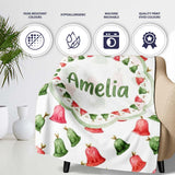 Cute Red and Green Christmas Bells Watercolor Pattern Festive Lovely  Personalised Custom Name Super Soft Fleece Blanket Bed Sofa Throw